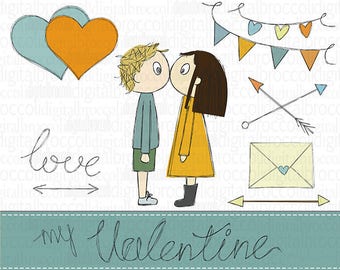 Love Clipart, Valentines Day Clipart, Hand Drawn Clip Art, Girl Boy Set, Valentine Clipart, Boy/Girl Clipart, Heart Arrow Clipart, Digital