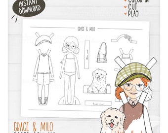 Paper Doll Set, Grace And Milo ,Dress Up Dolls, Color In, Gift For Girls, Instant Download, Printable PDF