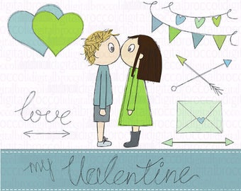 Love Clipart Set-HandDrawn Clipart-Couple Clip Art-Valentine's Day Clipart-Boy/Girl Clipart-Heart Elements-Banner-Arrow Clipart-Green-Blue