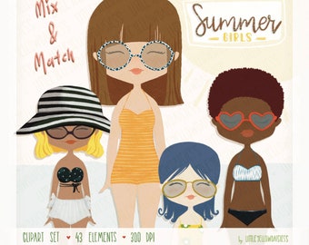 Zomer meisjes clipart, strand illustraties, aankleden, badpak, vakantie, feest, mix en match, papieren poppenPNG-bestanden, 300dpi