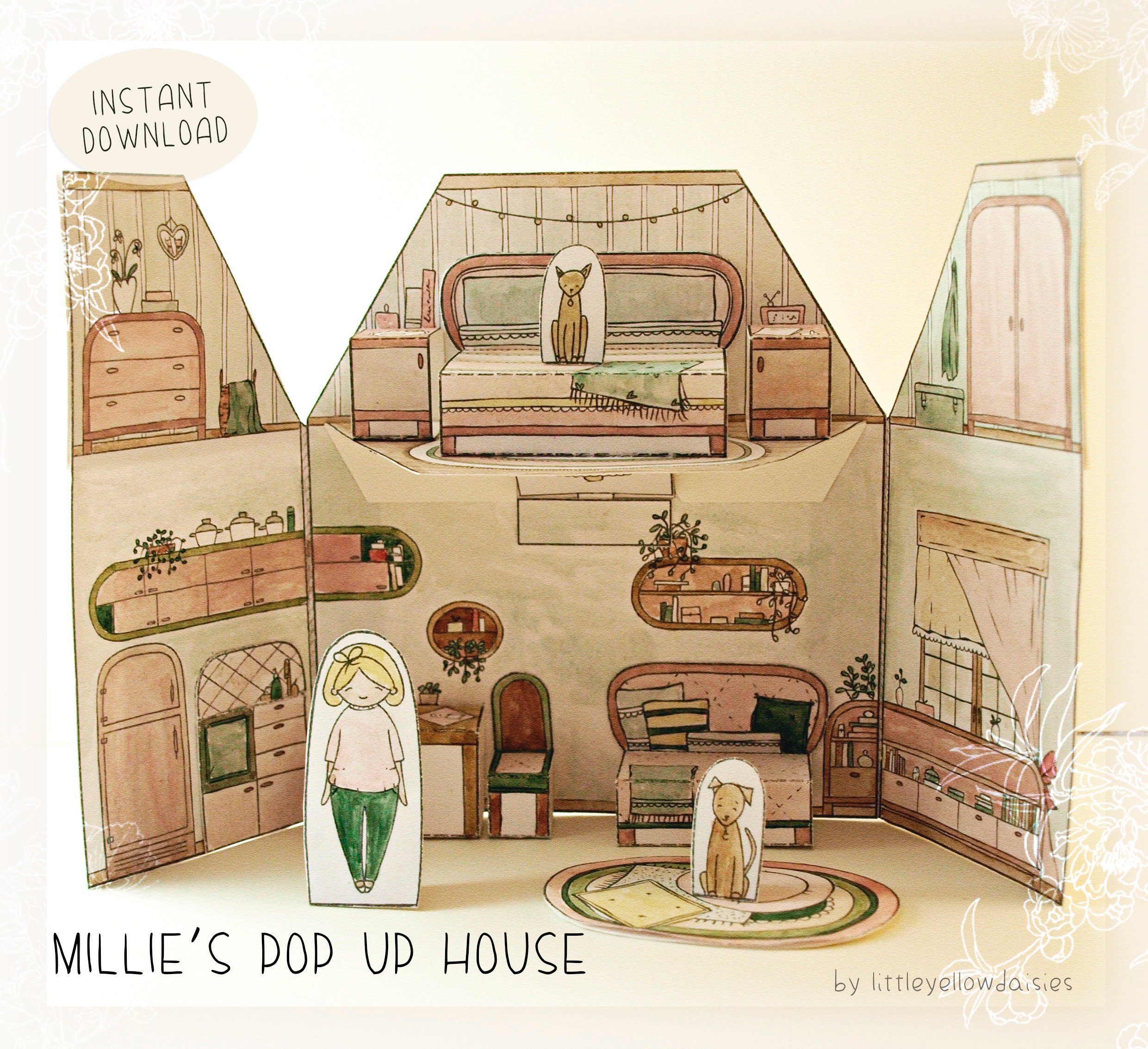 Pop-up Paper Dolls House Diorama Study/office Printable Kids