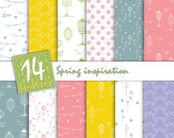 Floral Digital Paper, Spring Digital Paper, Romantic Pink, Blue, Yellow, Green, Purple, Floral Patterns, Birdcage, Flowers, Love Patterns