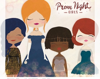 Prom Night Girls Clipart, formele jurk, bruiloftsfeest, Bachelorette illustraties, aankleden, feest, dans, Mix & Match, papieren pop, PNG, 300dpi