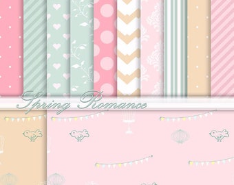 Spring Digital Paper Romantic Background Papers Sweet Patterned Paper Pink Cream Blue Papers Birdcage Bird Floral Heart Stripes Printable