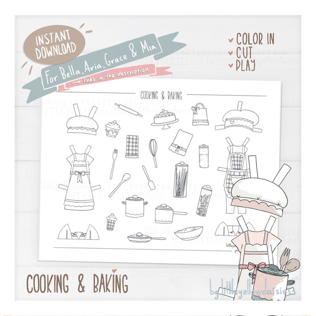 Cooking and Baking Set for Paper Dolls, Kitchen, Cakes, Girls Dress up