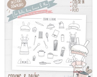 Cooking And Baking Set For Paper Dolls, Kitchen, Cakes, Girls Dress Up Dolls, Creative Play, Cupcakes, Instant Download, Printable PDG, JPG