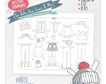 Winterset voor papieren poppen, winteroutfits, sneeuw, vakantie, meisjes aankleden poppen, Instant Download, afdrukbare PDG, JPG