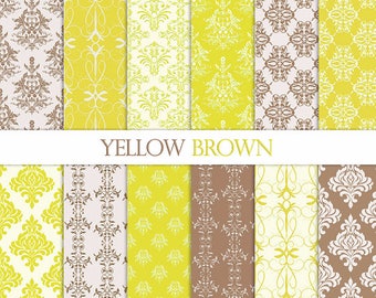 Yellow/Brown Damask Digital Paper-Mustard/Yellow/Lime Damask Printable-Brown Damask Background Paper-Vintage Damask Digital-Card Making