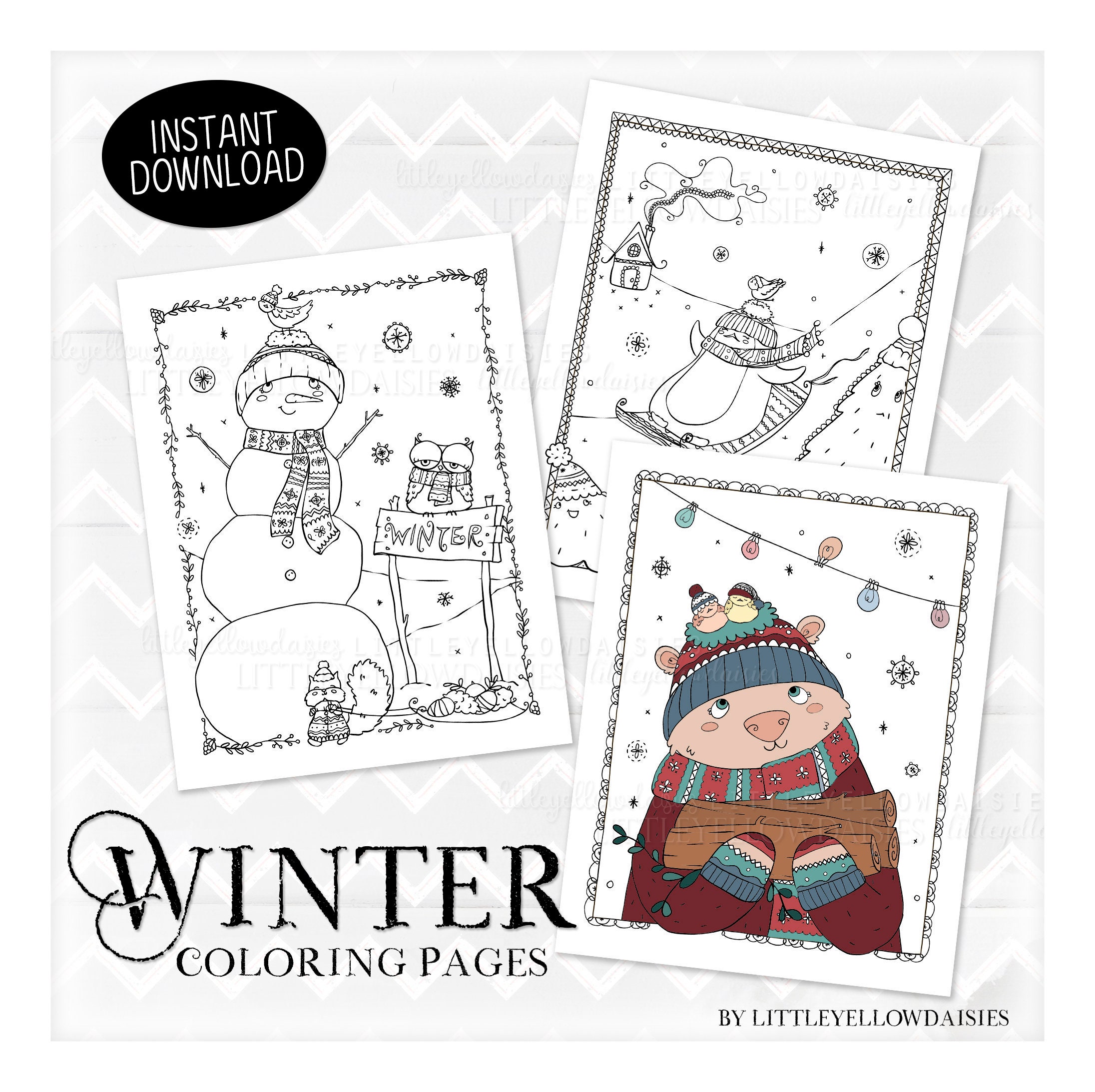 Winter Coloring Pages, Activities For Kids, Christmas Card, Holiday Color Page, Snowman, Penguin, Snowflake, Printable PDF, Instant Download