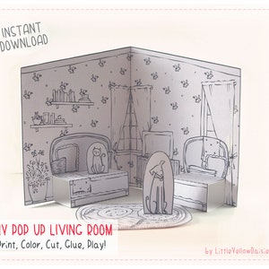 Living Room Printable Dollhouse Room, Dog and Cat, Kid's Coloring Crafts, Educational Toys, Last Minute Gift For Girls, Instant Download