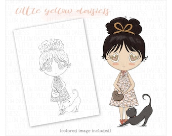 Girl Digi Stamp-Girl Cat Coloring Page-Digital Stamp-Scrapbooking-Girl Clip Art-Love Digital Stamp-Cute Girl-Love Colouring Page-Valentine