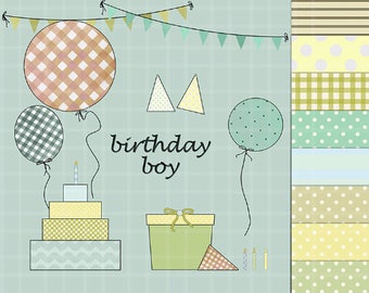 Birthday ClipArt Set+Papers-Boy ClipArt-Retro Birthday Elements-Balloon Clipart-Cake ClipArt-Birthday Graphics Invitation-Instant Download