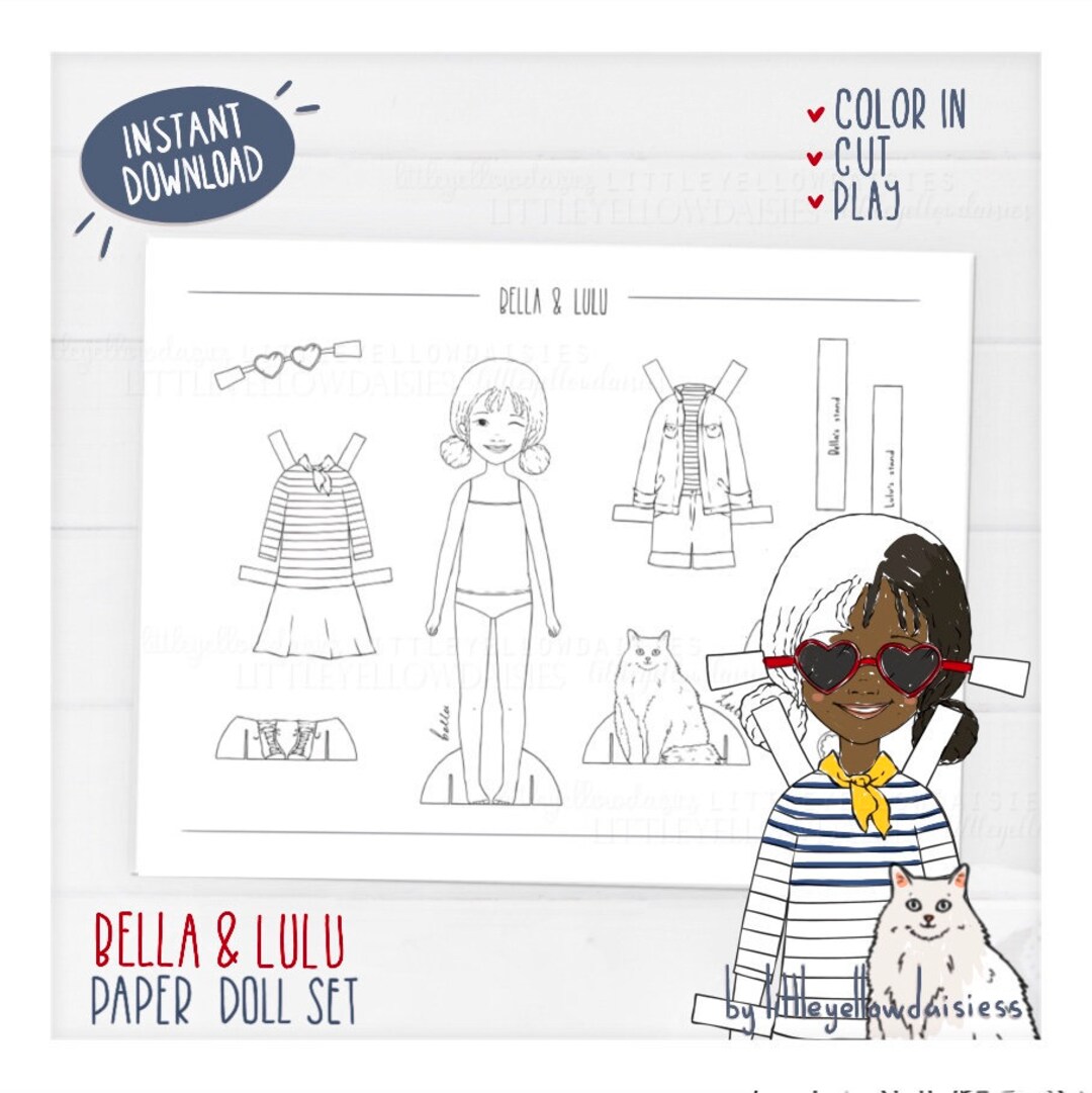 Printable Paper Doll Set, Bella and Lulu ,color in Pages, Activities ...
