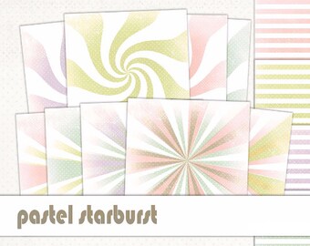 Starburst Digital Paper Pastel-Grunge Starburst Polka Dot-Distressed Sunburst Pattern-Grunge Stripe-Retro Vintage Starburst-Instant Download