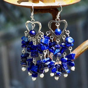 Lapis Lazuli Chip Stone Chandelier Earrings Tibetan Silver Heart Natural Irregular Stones Boho Jewelry Hippie Style Bohemian Blue image 1