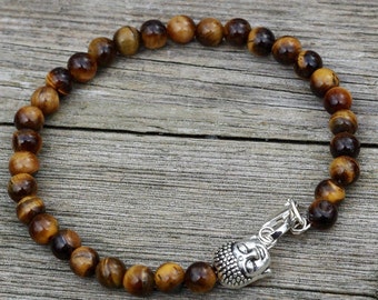 Men's Tiger Eye Buddha Bracelet ~ Unisex Stone Jewellery ~ Chocolate Brown Stone Beads