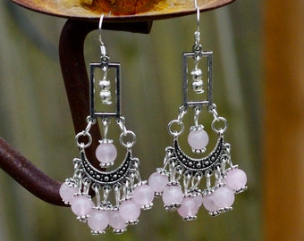 Rose Quartz Statement Earrings ~ Pink Stone Jewellery ~ Chandelier Earrings ~ Pink Crystals