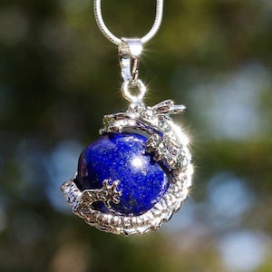 Lapis Lazuli Dragon Pendant on a Sterling Silver Chain Blue Stone Dragon Healing Crystal Chinese New Year image 1