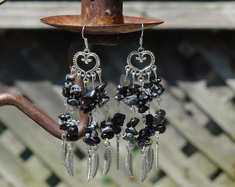 Raw Snowflake Obsidian Chandelier Earrings ~ Rustic Statement Jewellery