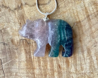 Purple Polar Bear ~ Fluorite Bear Necklace ~ Walking Bear Pendant ~ Striped Gemstone