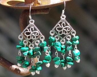 Malachite Stone Chandelier Earrings ~ Green Stone Jewellery ~ Semi Precious Stones ~ Natural Chip Stones