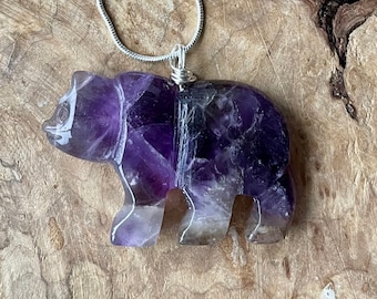 Purple Bear Necklace ~  Amethyst Pendant ~ Sterling Silver ~ Healing Crystal