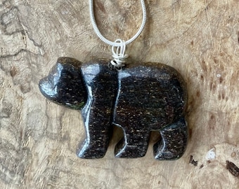 Bronzite Gemstone Necklace ~ Brown Bear Pendant ~ Sterling Silver ~ Healing Crystal ~ Forest Animal