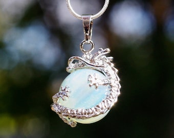 Opalite Dragon Pendant: Sterling Silver Chain, Healing Necklace