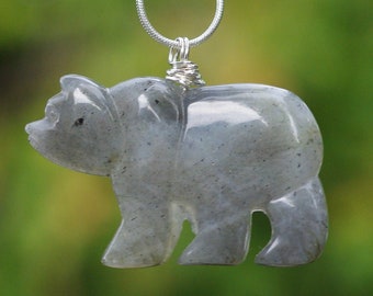 Labradorite Bear Necklace ~ Canadian Stone Pendant ~ Grey Stone Jewellery
