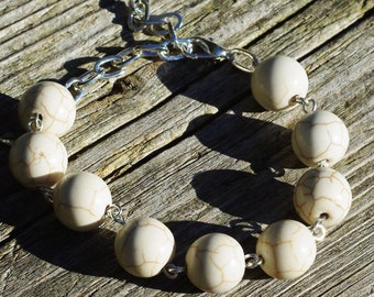 Howlite Stone Bracelet ~ White Howlite ~ Large Stone Beads ~ Chunky Bracelet