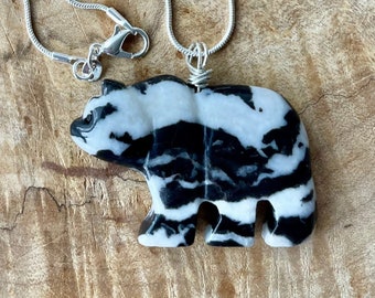 Zebra Jasper Bear Necklace ~ Black and White Stone ~  Panda Bear Pendant