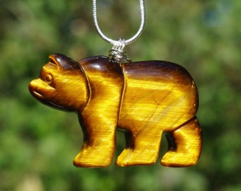Tiger Eye Brown Bear Necklace: Sterling Silver Wire Wrapped Pendant