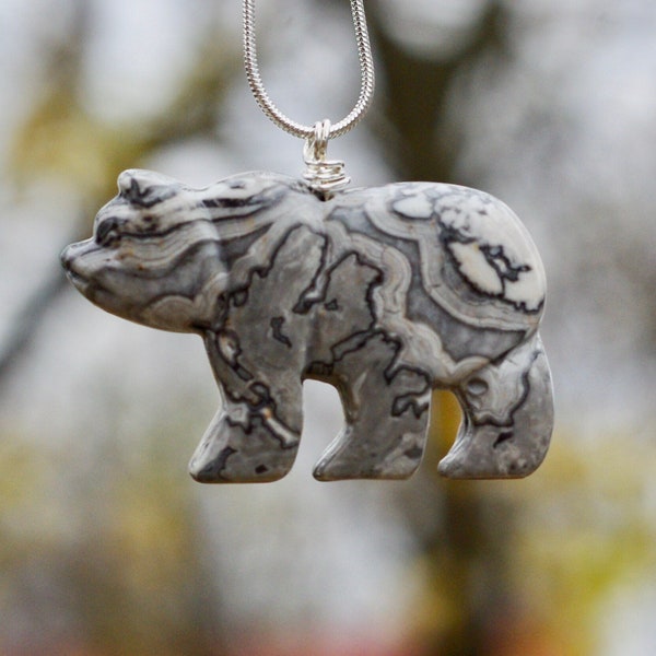 Black Lace Agate Gemstone Bear Necklace ~  Black and White Bear Necklace ~  Polished Grey Stone