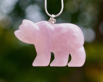 Rose Quartz Bear Pendant Necklace: Sterling Silver Chain, Healing Stone