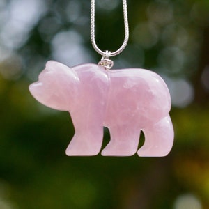 Rose Quartz Bear Pendant Necklace: Sterling Silver Chain, Healing Stone