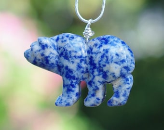 Blue Spot Jasper Bear Necklace ~  Polar Bear ~ Carved Gemstone Bear