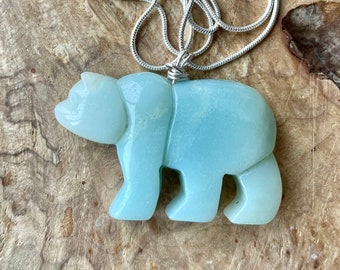 Amazonite Bear Necklace ~ Turquoise Pendant ~ Sterling Silver Chain