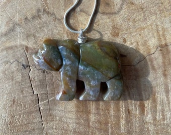 Green Stone Necklace ~ Indian Agate Bear ~ Gemstone Pendant ~ Sterling Silver Chain