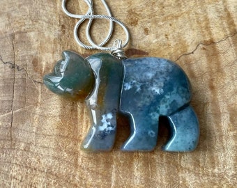 Gemstone Bear Pendant ~ Indian Agate Necklace ~ Moss Green Stone Stone ~ Sterling Silver Serpentine Chain