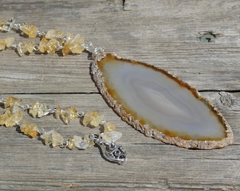 Agate Slice Stone and Citrine Necklace ~ Hand Wired Chip Stones ~ Sterling Silver ~ One of a Kind Statement Jewellery ~ Yellow Golden Orange