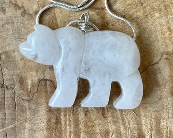 White Jade Necklace ~ Polar Bear Pendant ~ Sterling Silver ~ Healing Crystal ~ Good Luck Stone