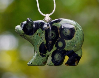 Kambaba Jasper Stone Bear Necklace ~  Crocodile Stone ~ Very Large Stone Bear Pendant ~ Sterling Silver Chain