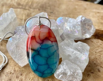 Blue Orange Necklace ~ Dragon Vein Agate ~ Stone Pendant ~ Sterling Silver Chain