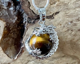 Tiger Eye Dragon Pendant on a Sterling Silver Chain ~  Dragon Necklace ~  Tiger Eye Pendant