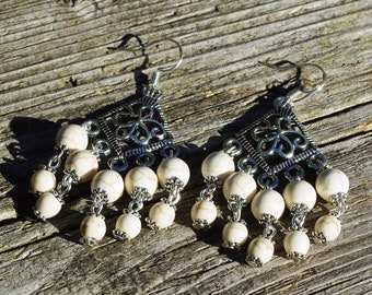 Howlite Stone Earrings ~ Chandelier Earrings ~ Off White Jewellery