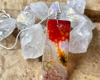 Dragon Vein Agate Necklace: Sterling Silver Chain, Sunset Colors