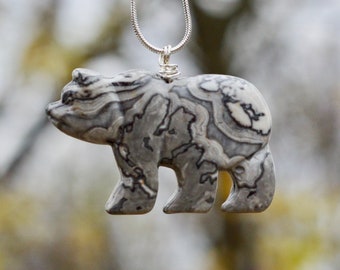 Black Lace Agate Gemstone Bear Necklace ~  Black and White Bear Necklace ~  Polished Grey Stone