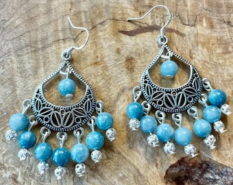 Aquamarine Chandelier Earrings: Sterling Silver, Water Drop Gemstones