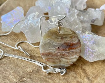 Round Agate Pendant ~ Sterling Silver ~ Mexican Crazy Lace Agate Necklace ~ Natural Stone ~ Caramel Colours