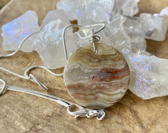 Round Agate Pendant ~ Sterling Silver ~ Mexican Crazy Lace Agate Necklace ~ Natural Stone ~ Caramel Colours
